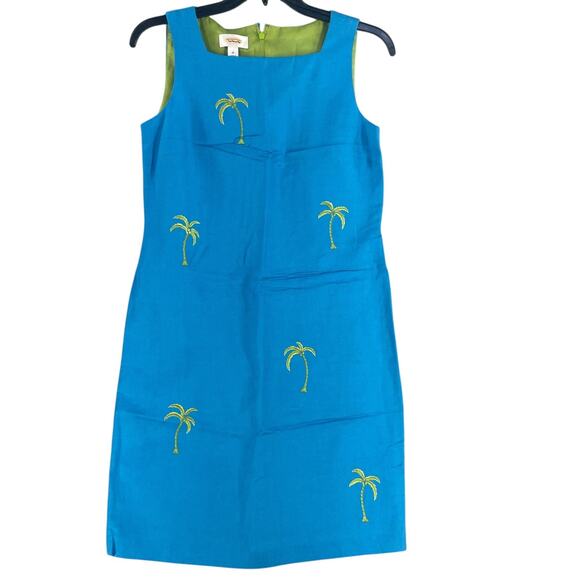 Vtg Talbots Dress Womens 10 Blue Linen Rayon Sheath Palm Tree Embroidered - Picture 1 of 13